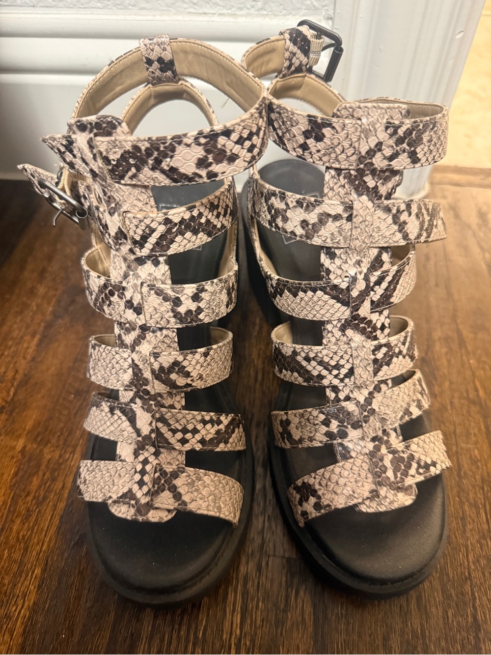 Dirty Laundry Snake-Print Strappy Wedge Sandals - Taupe/Black